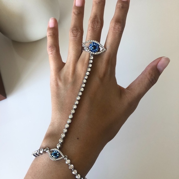 Blue Evil Eye Finger Chain Bracelet - Picture 2 of 7